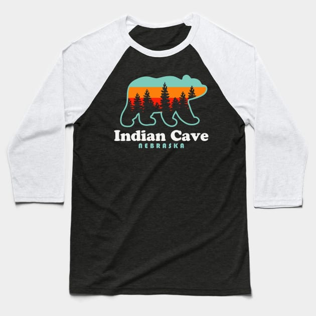 Indian Cave Nebraska Bear Retro Sunset Baseball T-Shirt by PodDesignShop